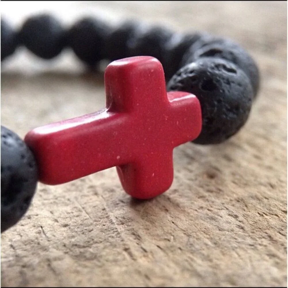 Red Cross Black Lava Stone Beaded Bracelet 8mm beads - Size 8 inches